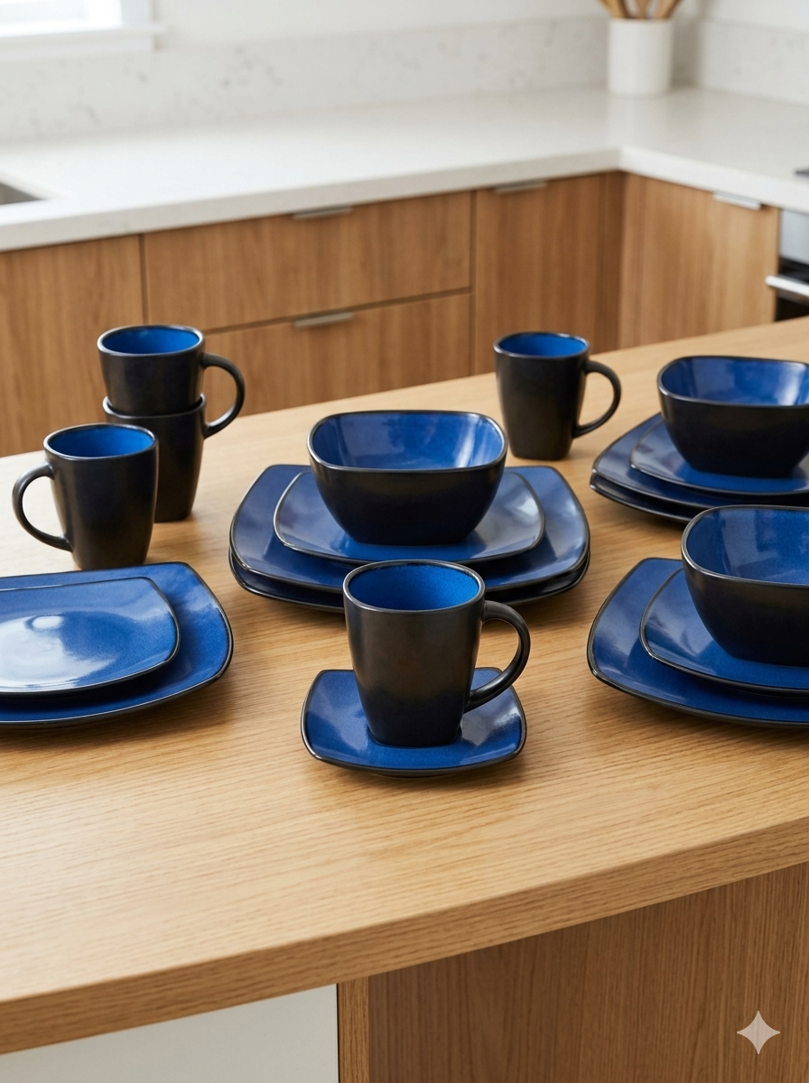 Dinnerware Set 16 Pc Blue/Black Square