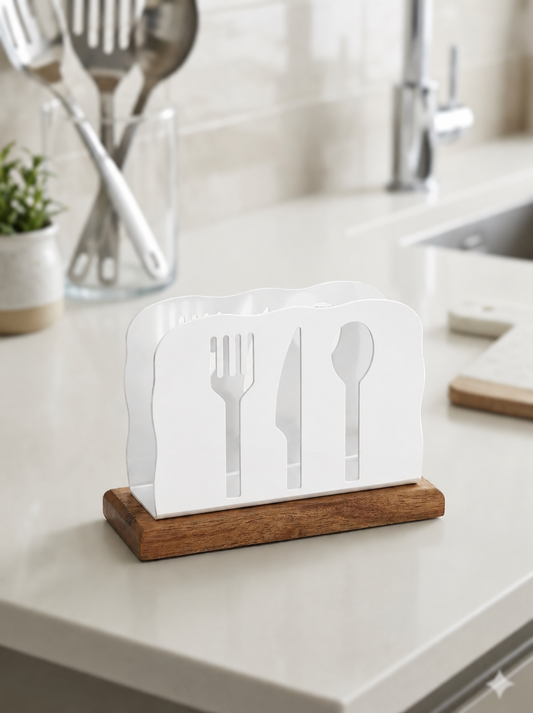 Metal Napkin Hldr White w Bamboo