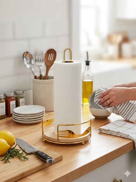 Paper Towel holder Metal Gold/wood