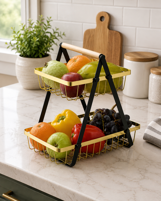 Fruit Basket Metal 2Tier Gld/Blk