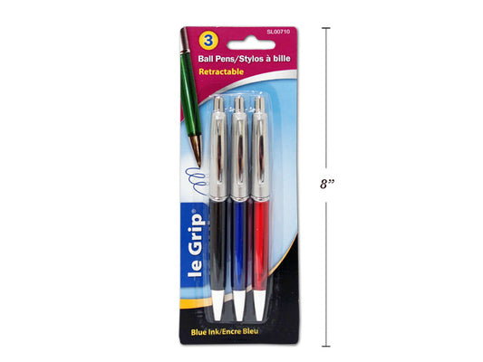 Rectractable Ball Pen 3pk Blue