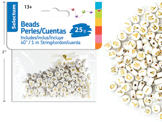 Letter Plastic Beads Wht w/Gold Font