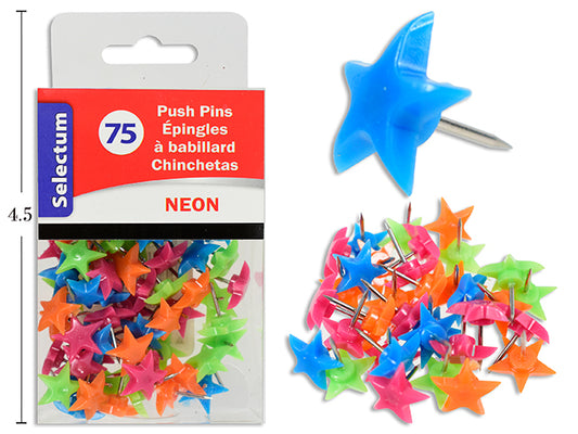 Neon Stars Push Pins 75pc